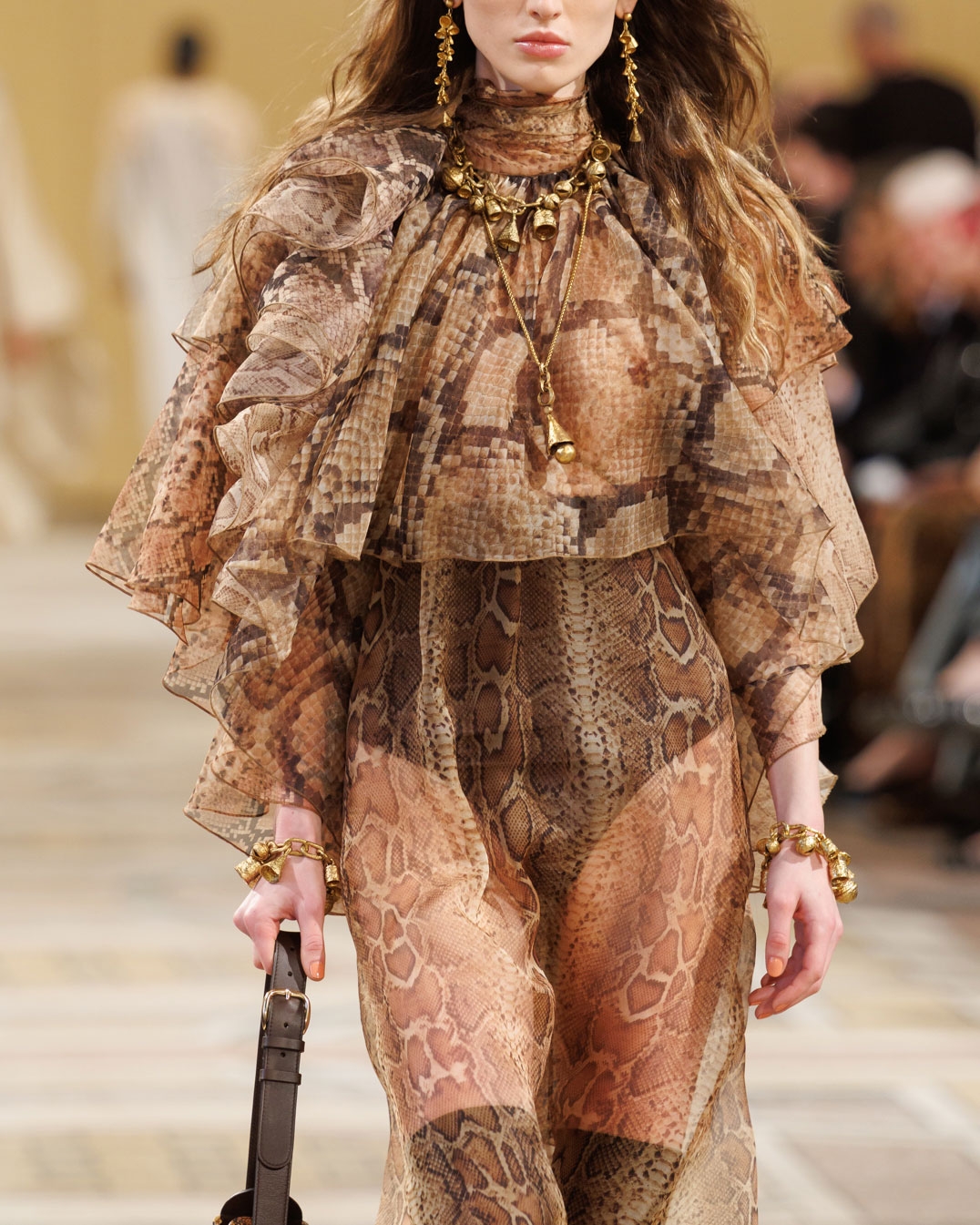 Look 32: Memento Billow Dress in Spliced Snake, Whimsy Chandeliers in Antique Gold, Whimsy Single Earcuff in Antique Gold, Whimsy Charm Bracelet in Antique Gold, Helix High Boot in Moss and Halcyon Large Bucket in Toffee 