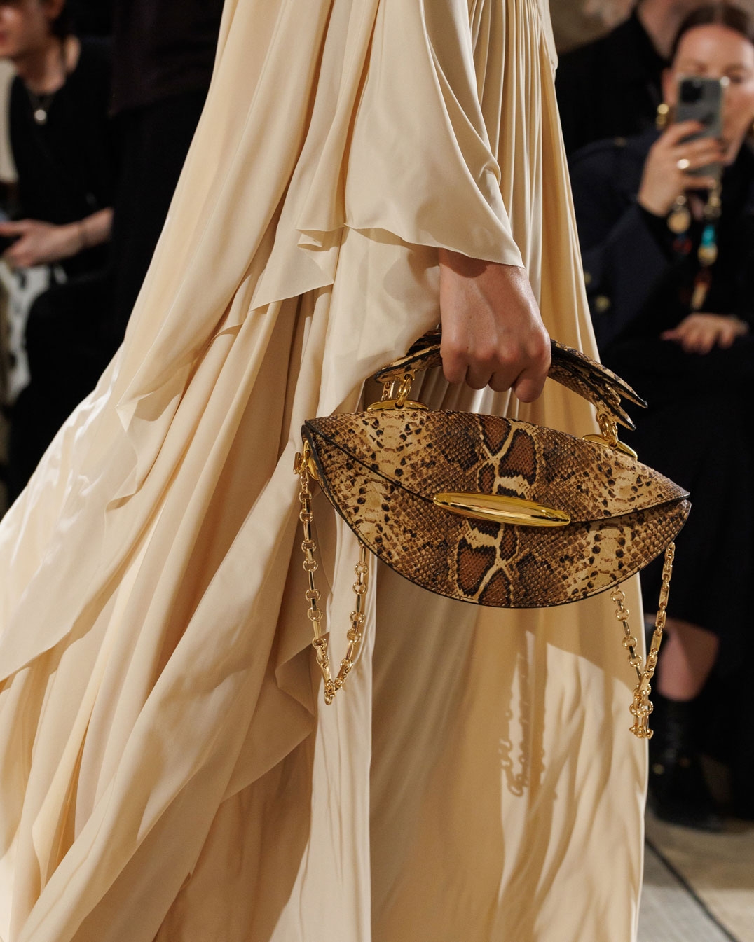 Look 33: Memento Batwing Maxi Dress in Cream, Maisie Chandeliers in Antique Gold, Helix Sandal 75 in Wheat and Wavelength Top Handle in Toffee 